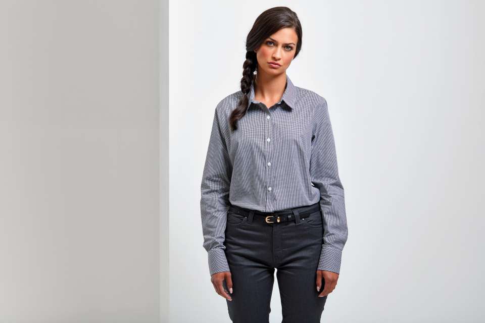 WOMEN'S LONG SLEEVE GINGHAM MICROCHECK SHIRT